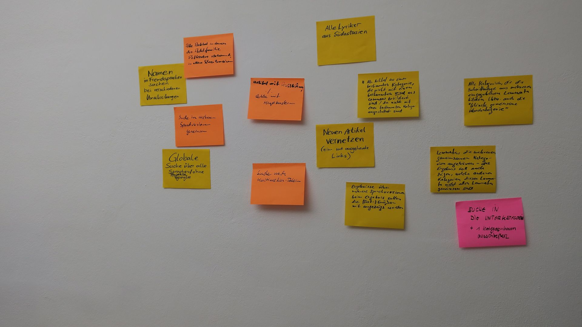 Sticky notes from a planning workshop on a white wall